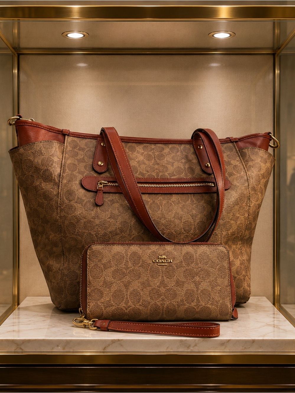 Coach Signature Canvas Diper bag  and Wristlet in Brown/Tan